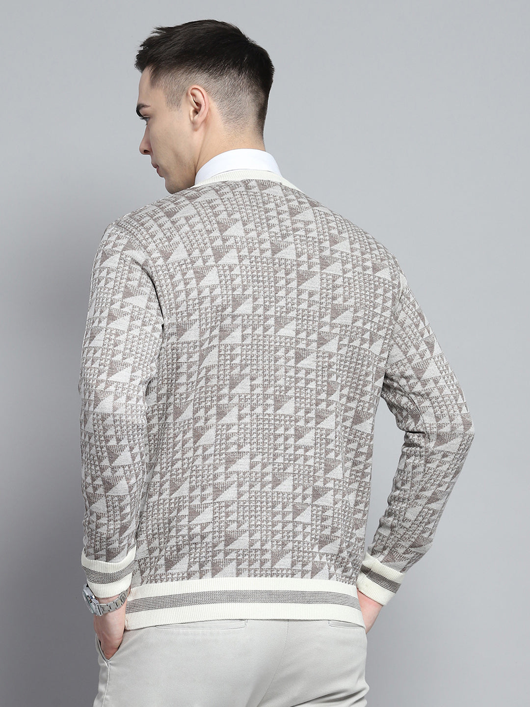 Men Brown Self Design V Neck Full Sleeve Pullover