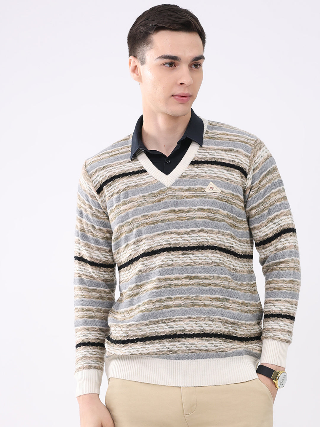 Men White Abstract V Neck Full Sleeve Pullover