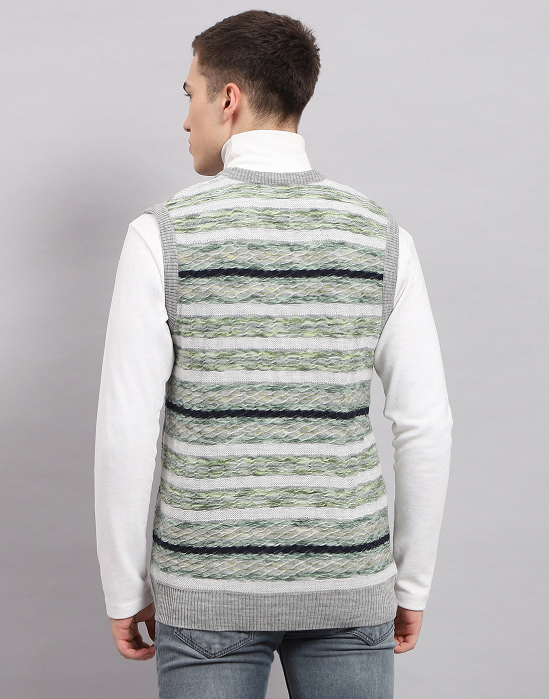 Men Multicolor Stripe V Neck Sleeveless Sweater