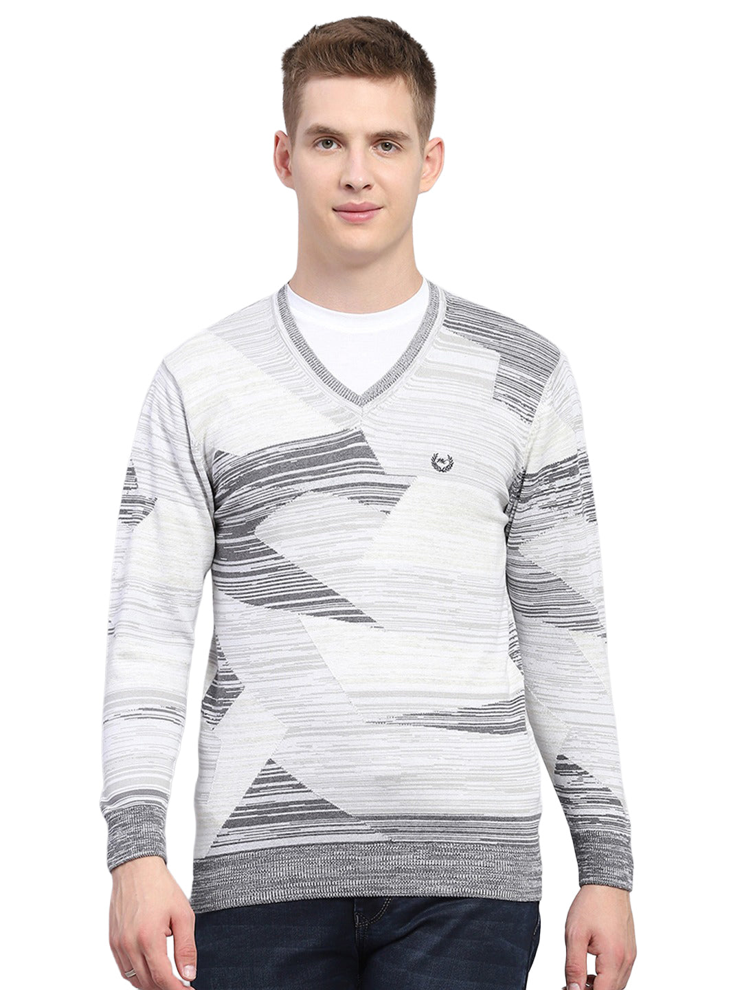 Men Light Grey Jacquard V Neck Full Sleeve Pullover