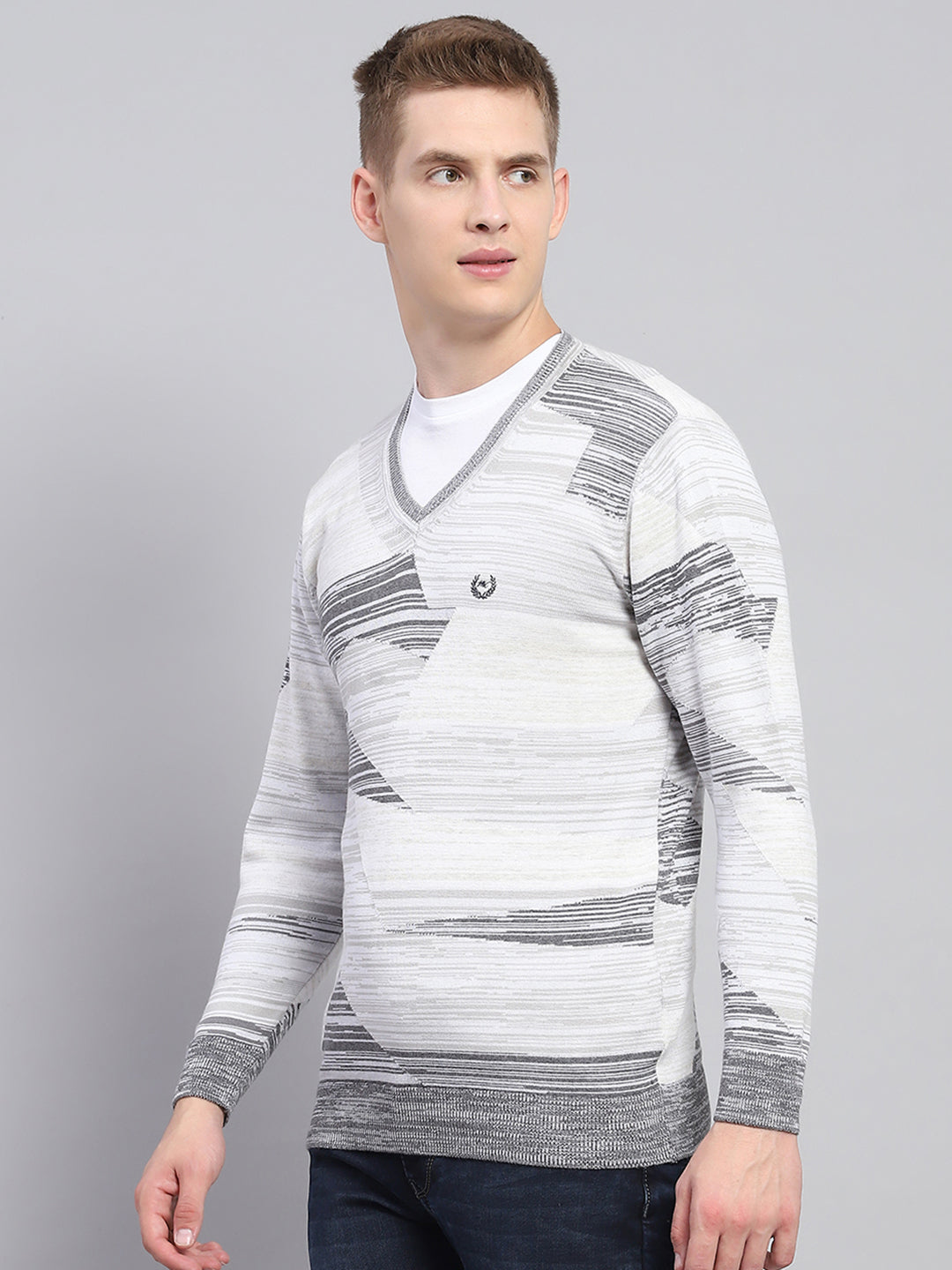 Men Light Grey Jacquard V Neck Full Sleeve Pullover