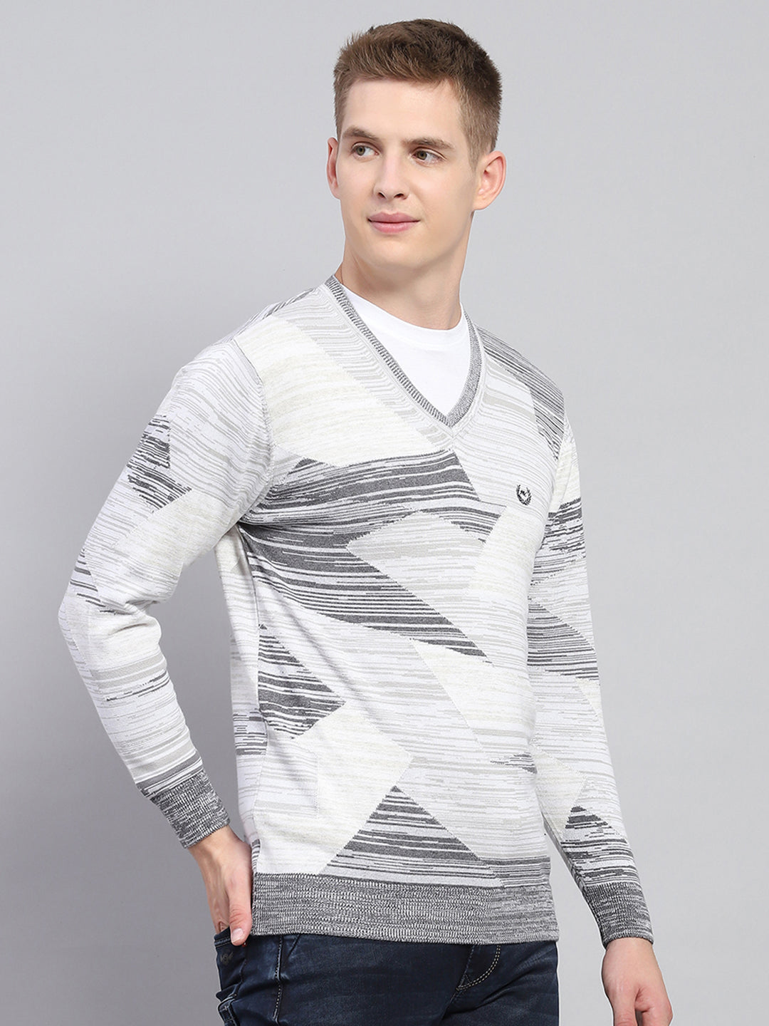 Men Light Grey Jacquard V Neck Full Sleeve Pullover