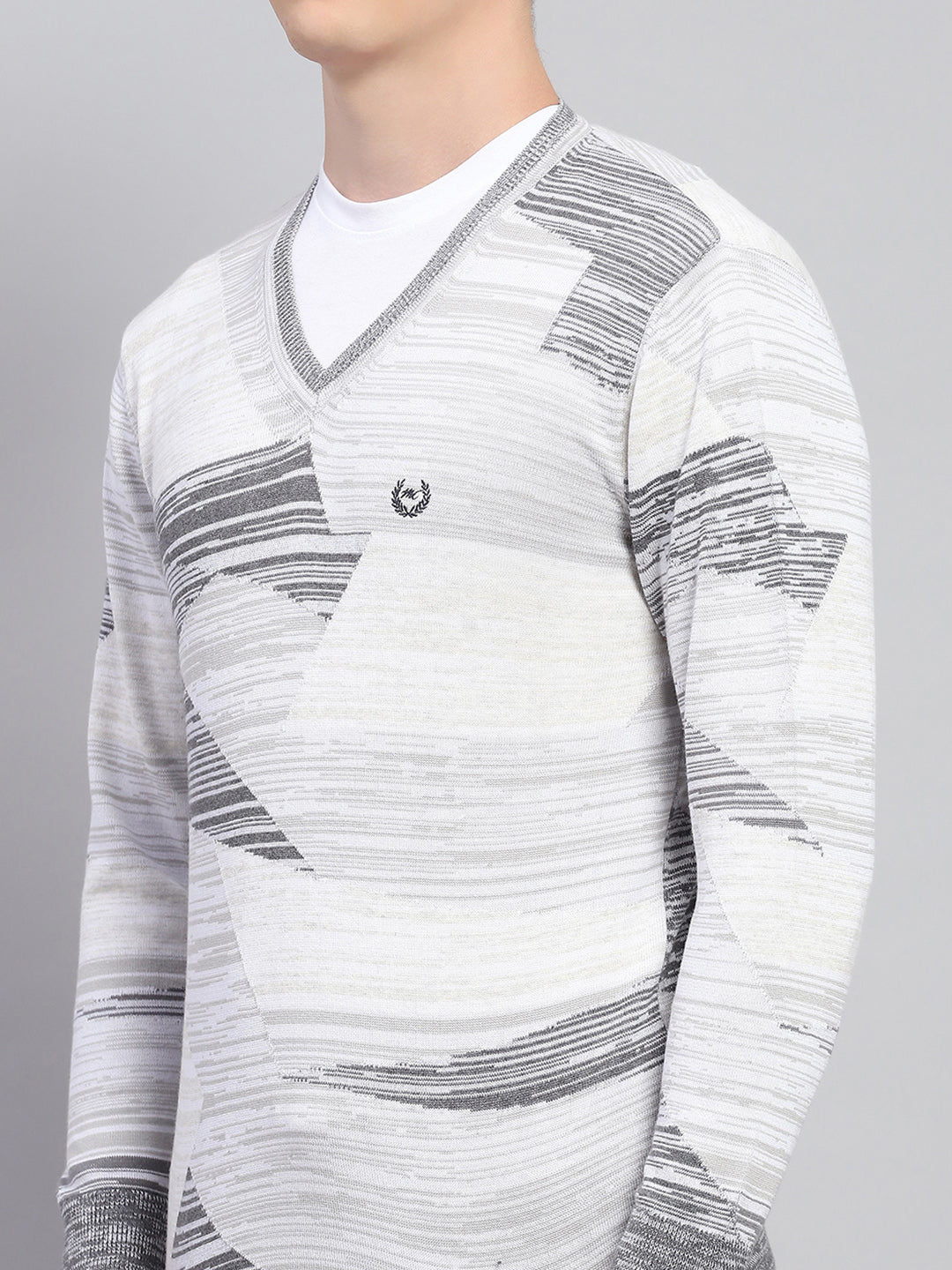 Men Light Grey Jacquard V Neck Full Sleeve Pullover