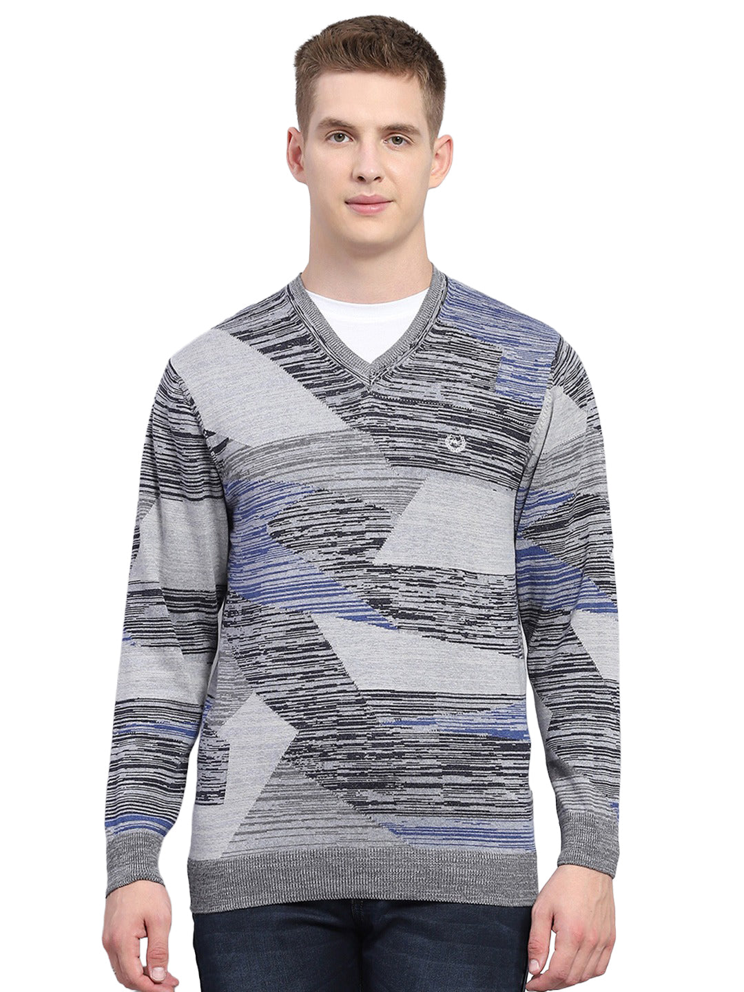 Men Grey Jacquard V Neck Full Sleeve Pullover