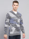 Men Grey Jacquard V Neck Full Sleeve Pullover