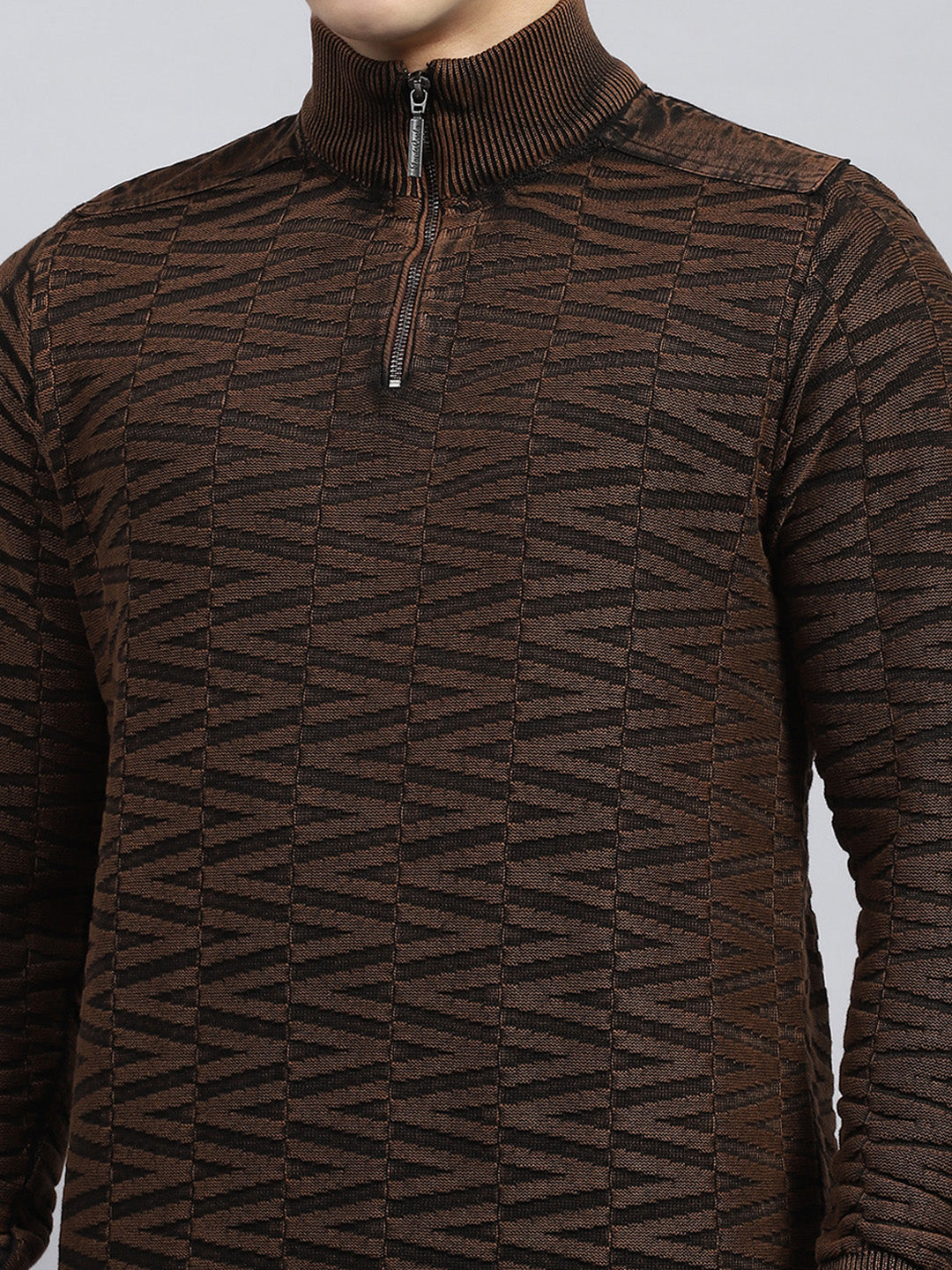 Men Brown Self Design High Neck Full Sleeve Pullover
