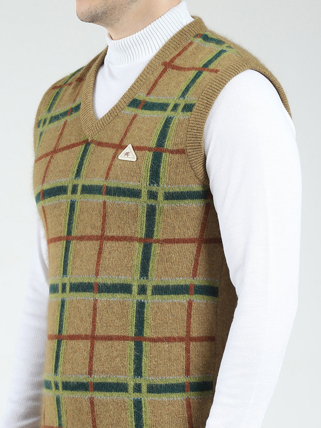 Men Green Printed V Neck Sleeveless Sweater