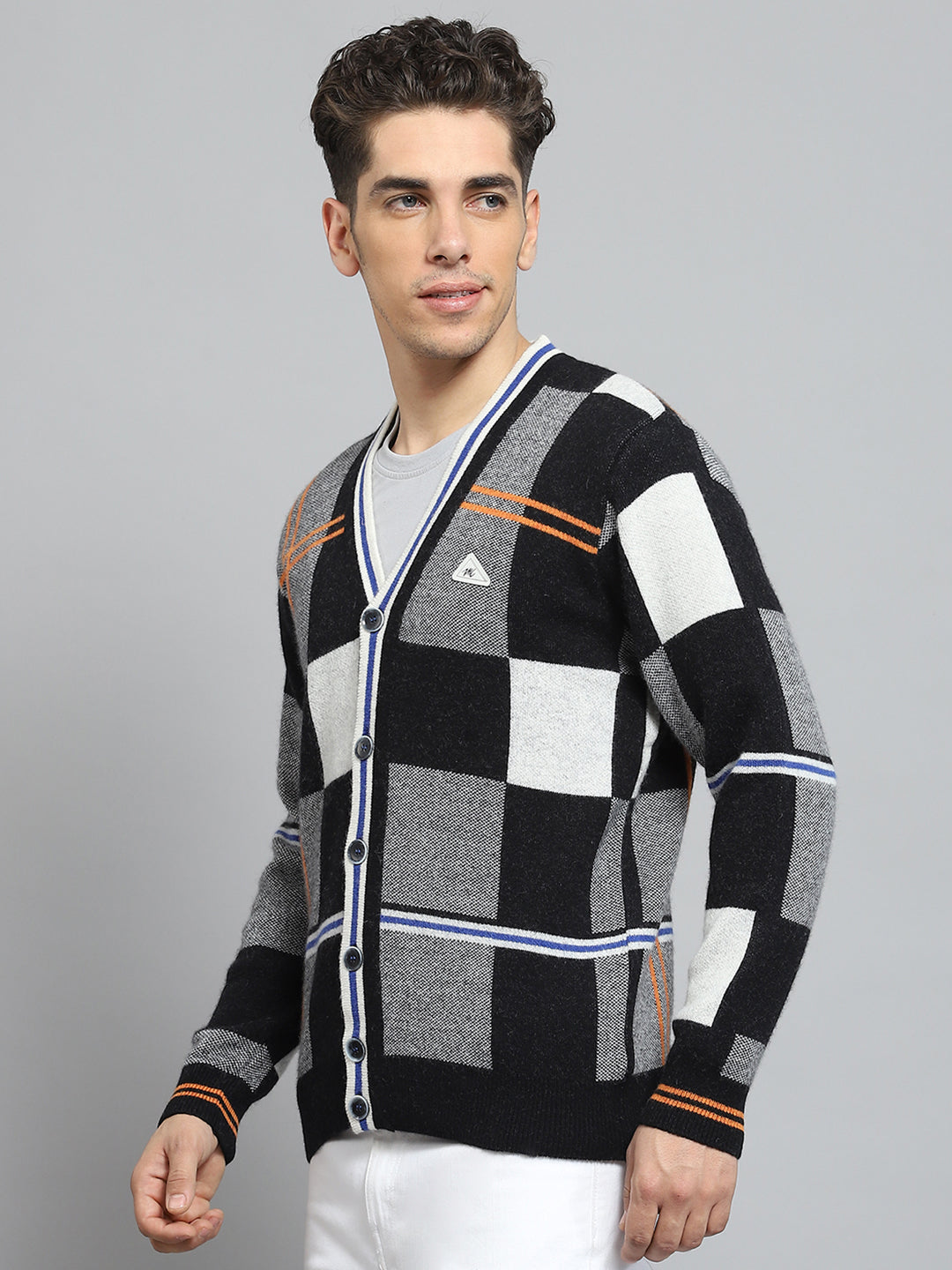 Men Black Self Design V Neck Full Sleeve Cardigan