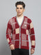 Men Maroon Self Design V Neck Full Sleeve Cardigan