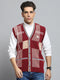 Men Maroon Self Design V Neck Sleeveless Cardigan