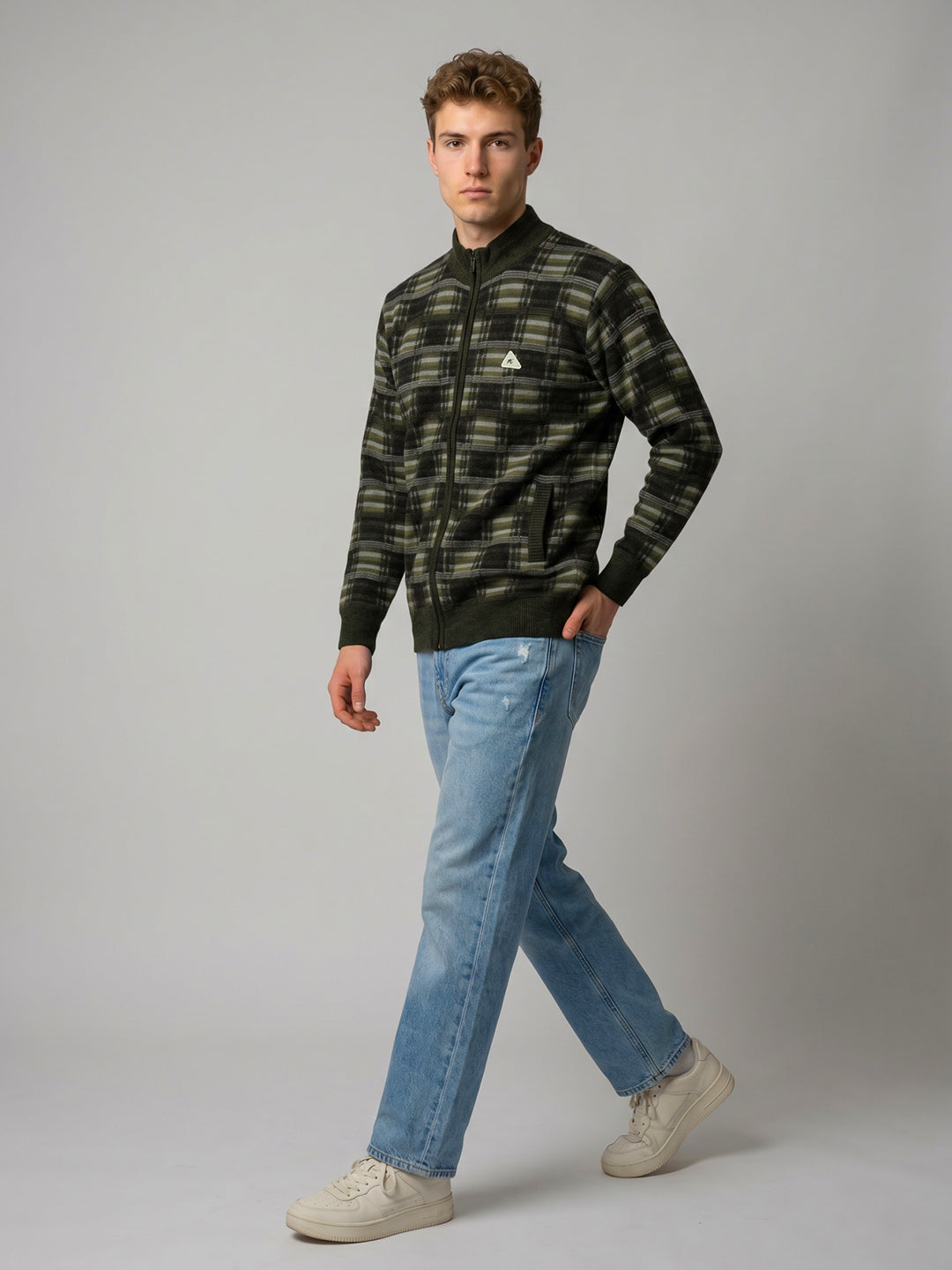 Men Black Check Turtle Neck Full Sleeve Pullover