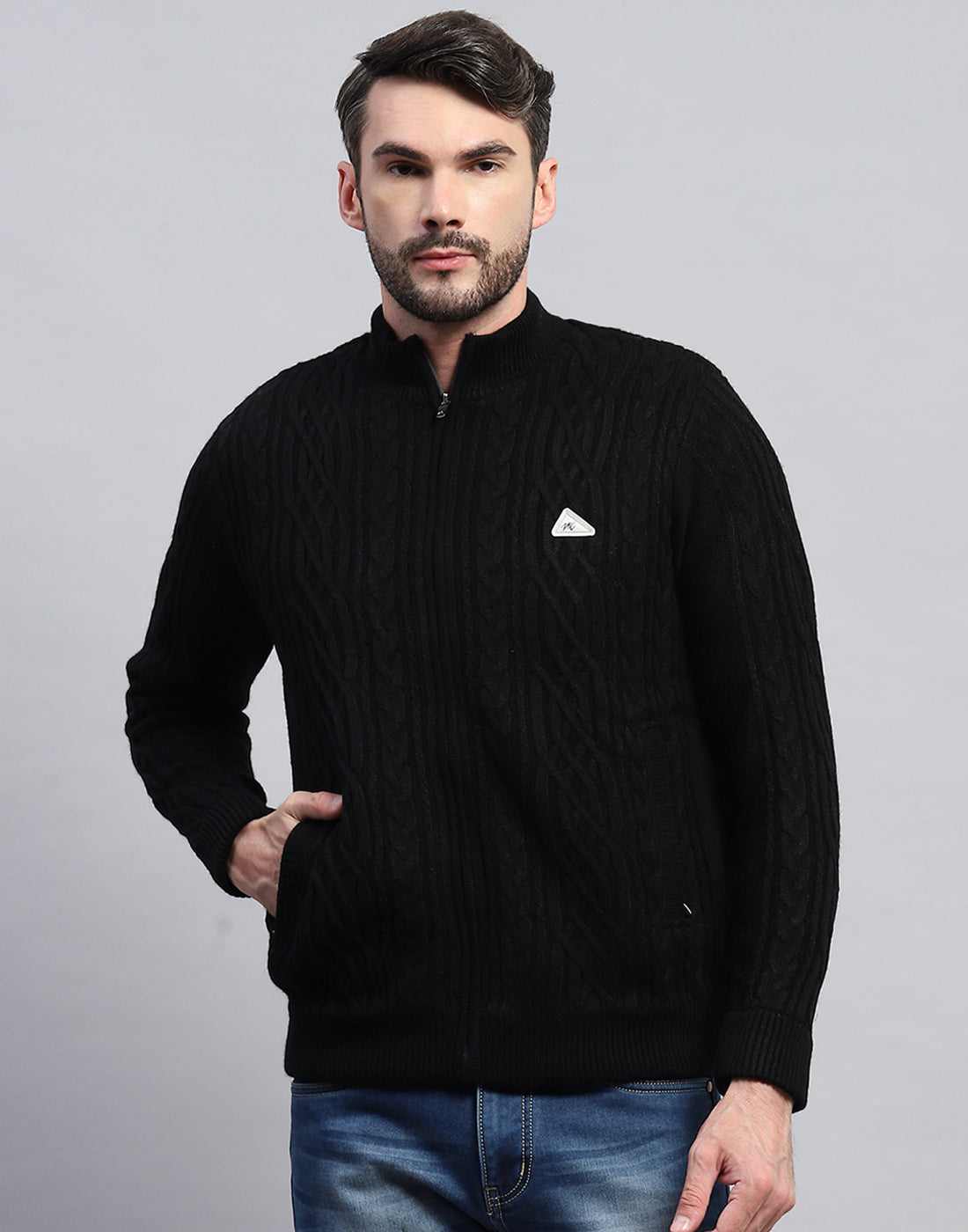 Men Black Self Design Turtle Neck Full Sleeve Jacket