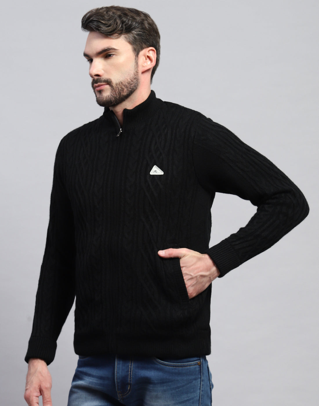 Men Black Self Design Turtle Neck Full Sleeve Jacket