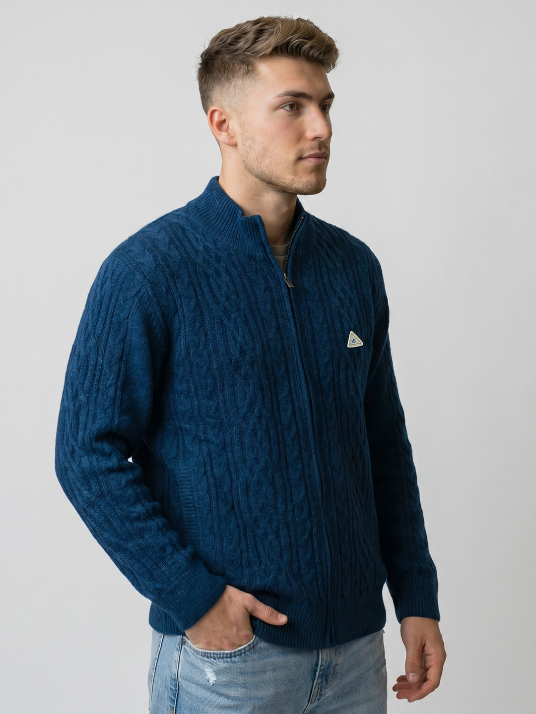 Men Teal Blue Self Design Turtle Neck Full Sleeve Cardigan