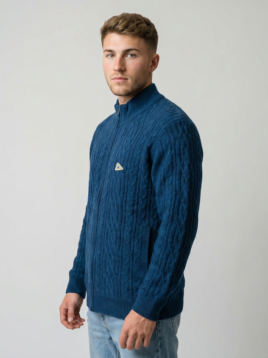 Men Teal Blue Self Design Turtle Neck Full Sleeve Cardigan