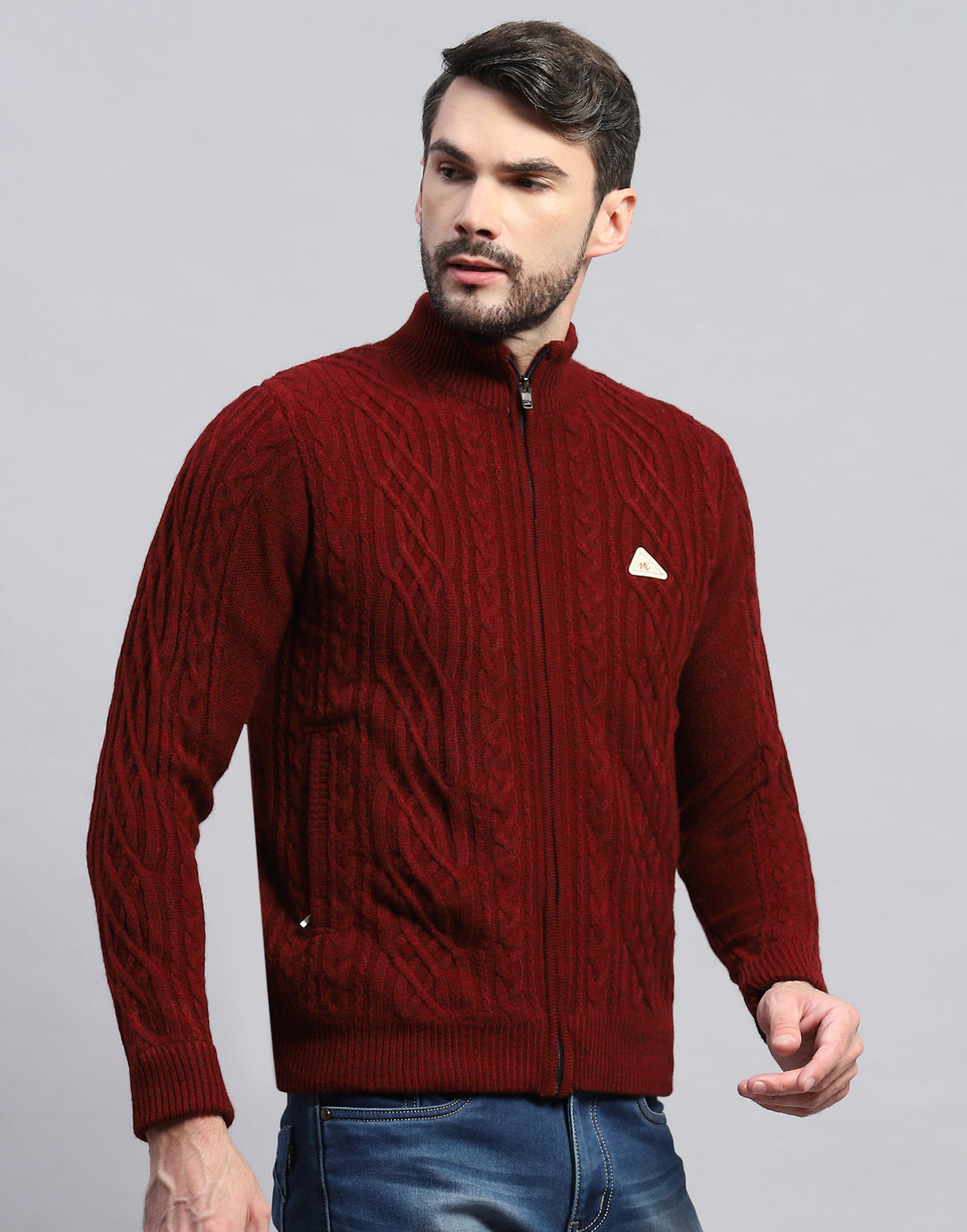 Men Maroon Self Design Turtle Neck Full Sleeve Jacket