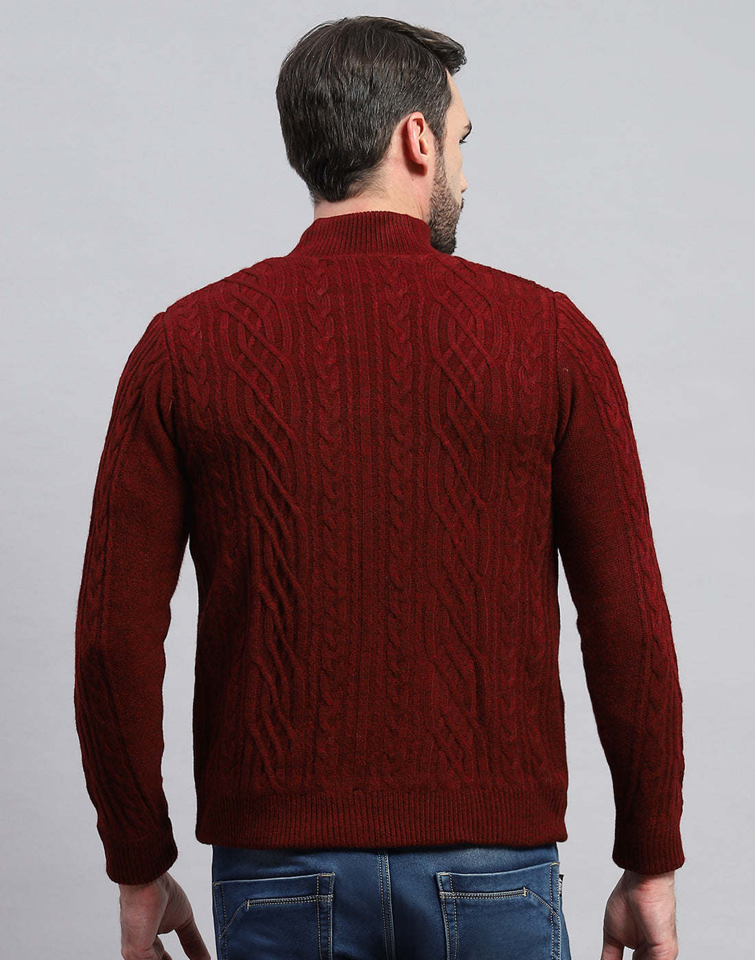 Men Maroon Self Design Turtle Neck Full Sleeve Jacket