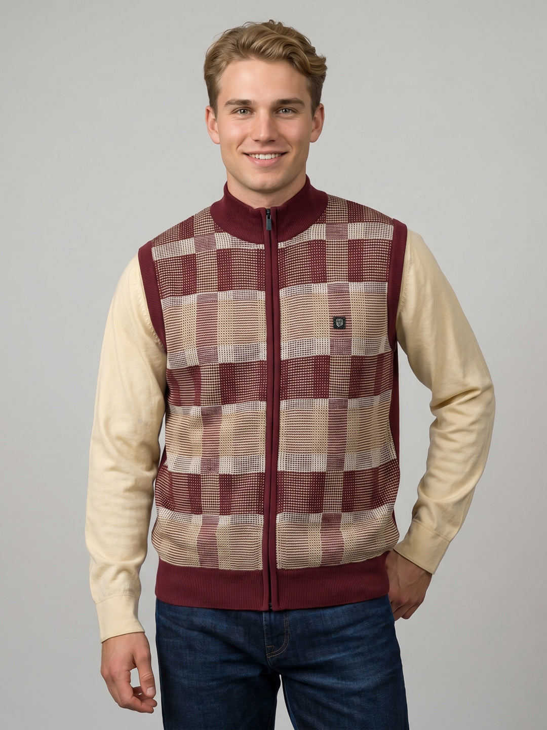 Men Maroon Jacquard Turtle Neck Sleeveless Cardigan