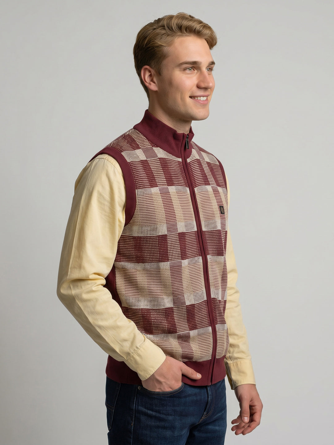 Men Maroon Jacquard Turtle Neck Sleeveless Cardigan