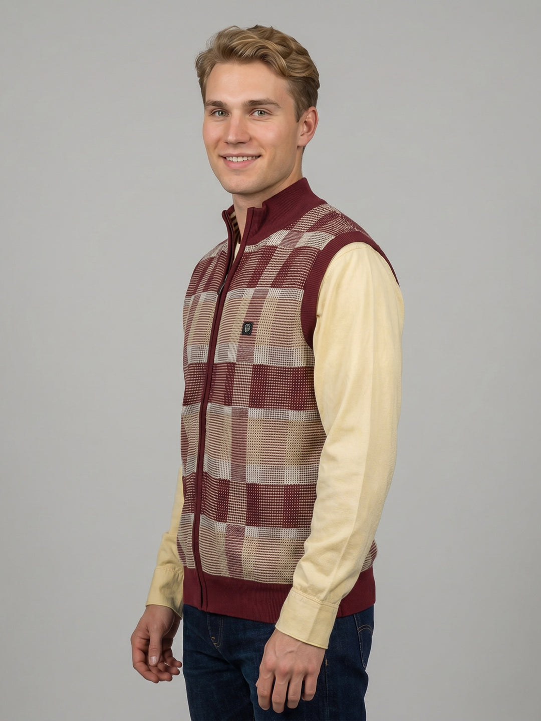 Men Maroon Jacquard Turtle Neck Sleeveless Cardigan