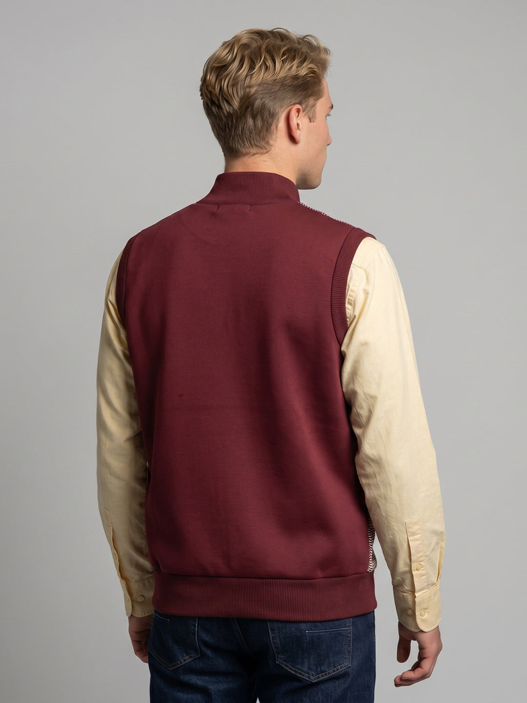 Men Maroon Jacquard Turtle Neck Sleeveless Cardigan