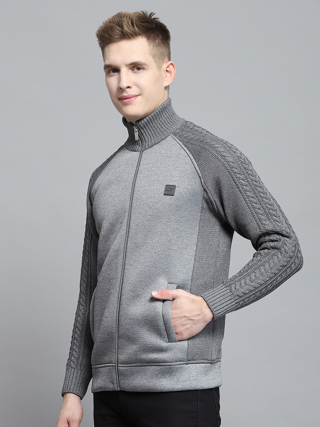 Men Grey Self Design Mock Neck Full Sleeve Pullover