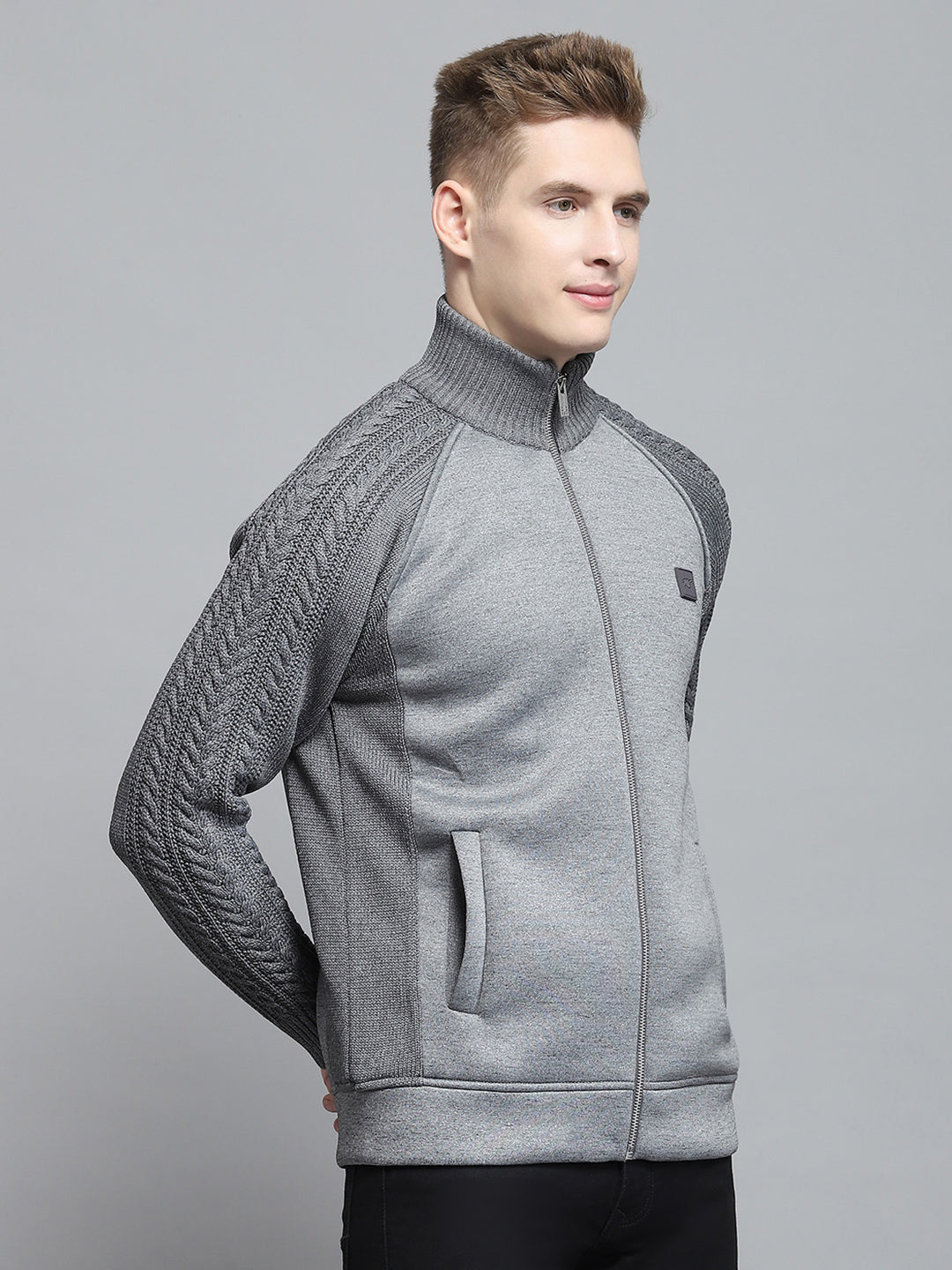 Men Grey Self Design Mock Neck Full Sleeve Pullover