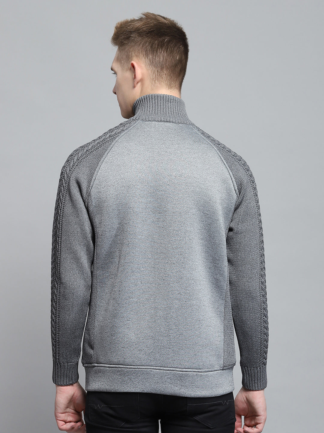 Men Grey Self Design Mock Neck Full Sleeve Pullover