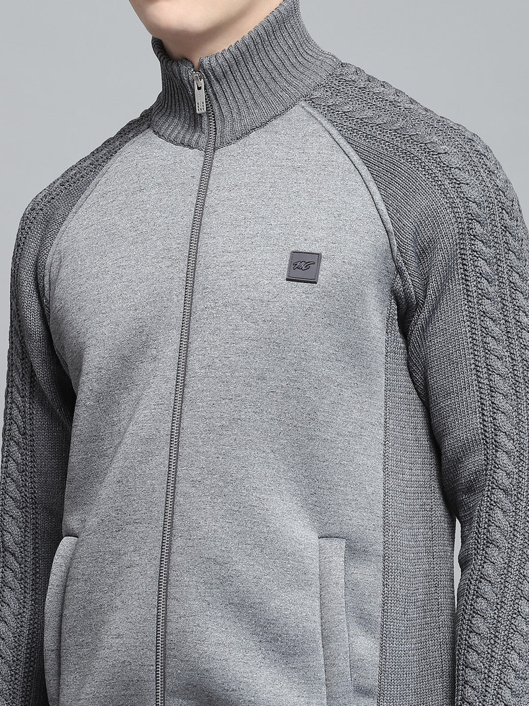 Men Grey Self Design Mock Neck Full Sleeve Pullover