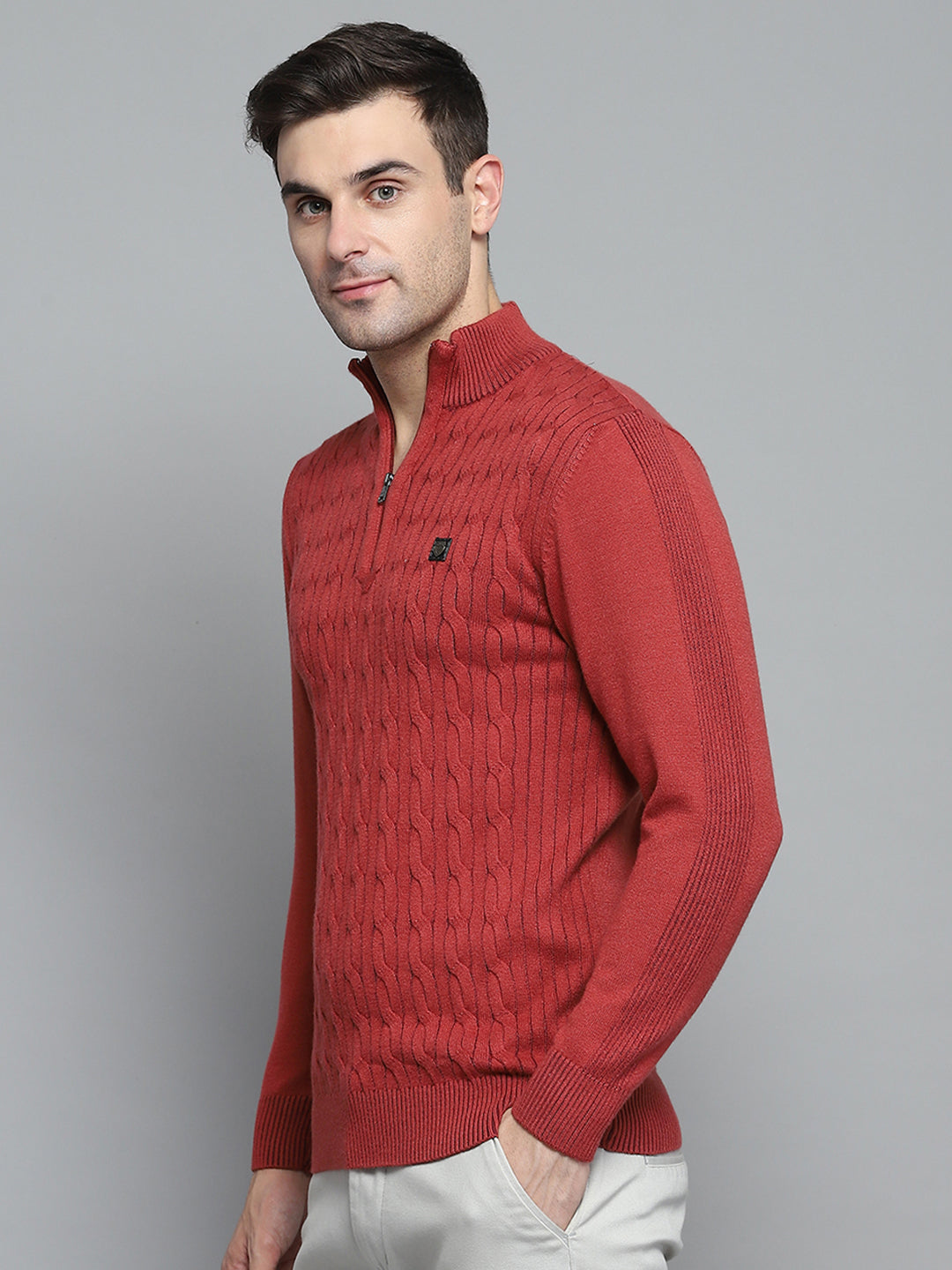 Men Rust Self Design Mock Neck Full Sleeve Pullover