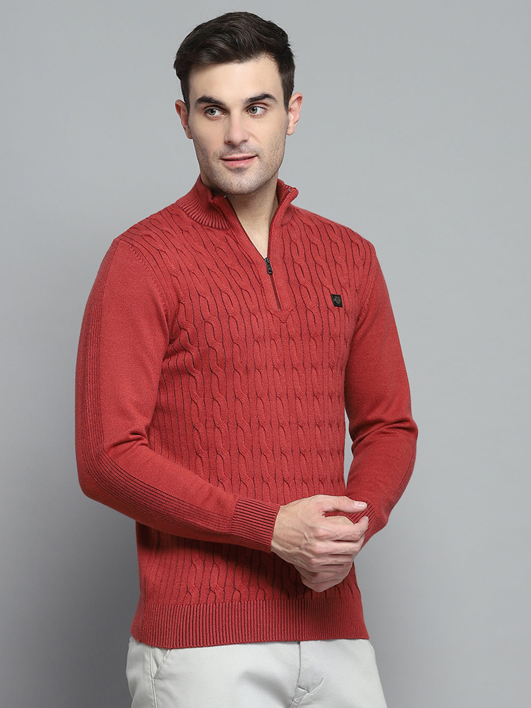 Men Rust Self Design Mock Neck Full Sleeve Pullover