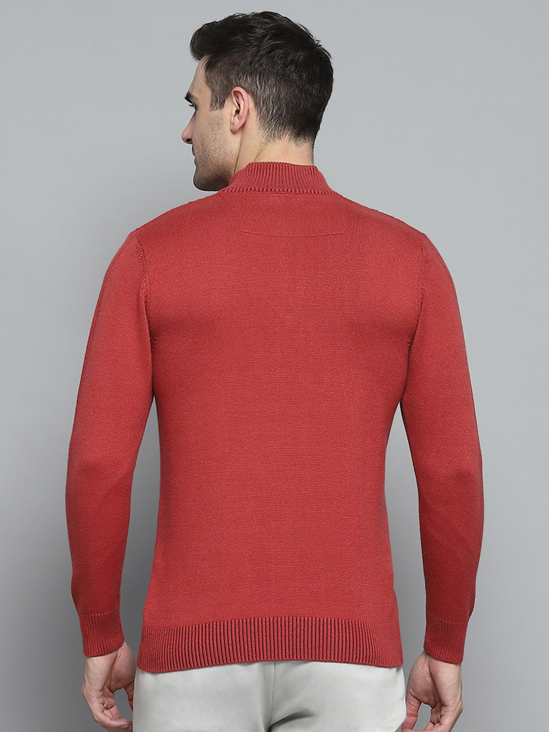 Men Rust Self Design Mock Neck Full Sleeve Pullover