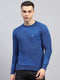 Men Blue Self Design Round Neck Full Sleeve Pullover