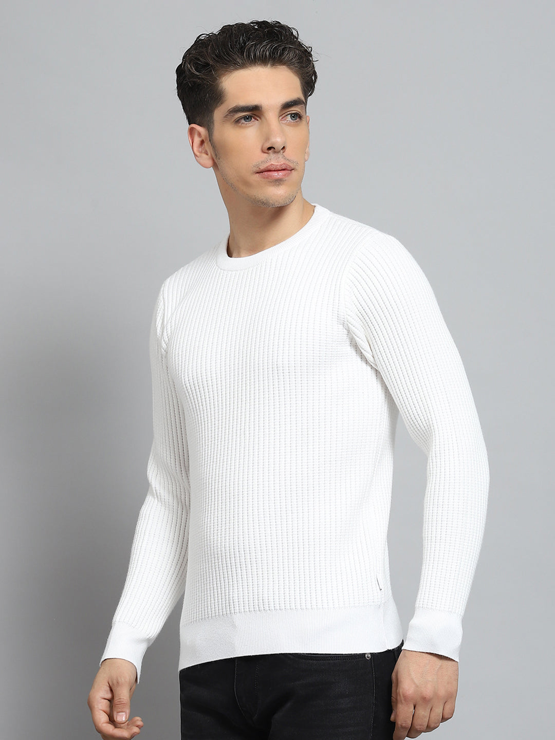 Men White Self Design Round Neck Full Sleeve Pullover