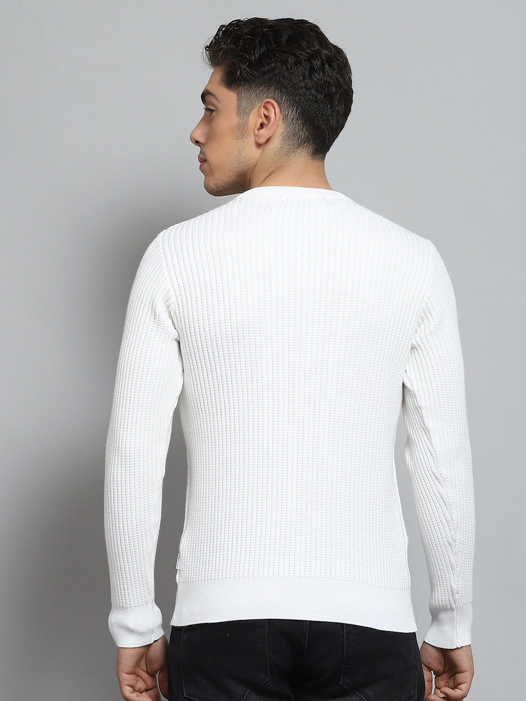 Men White Self Design Round Neck Full Sleeve Pullover