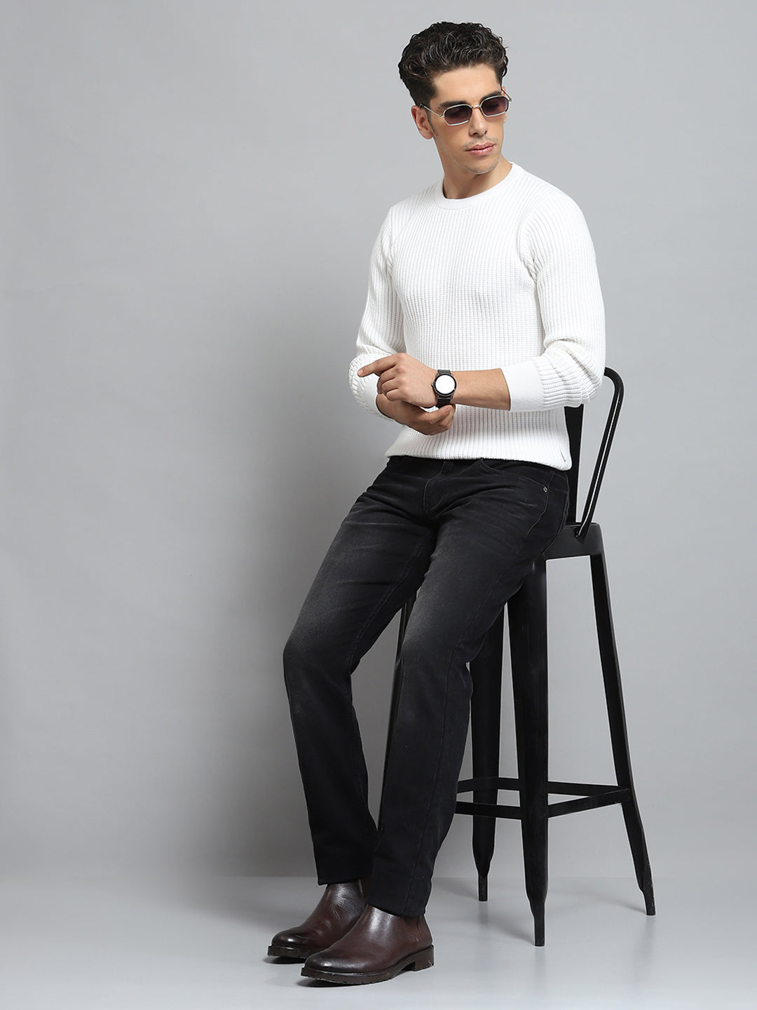 Men White Self Design Round Neck Full Sleeve Pullover