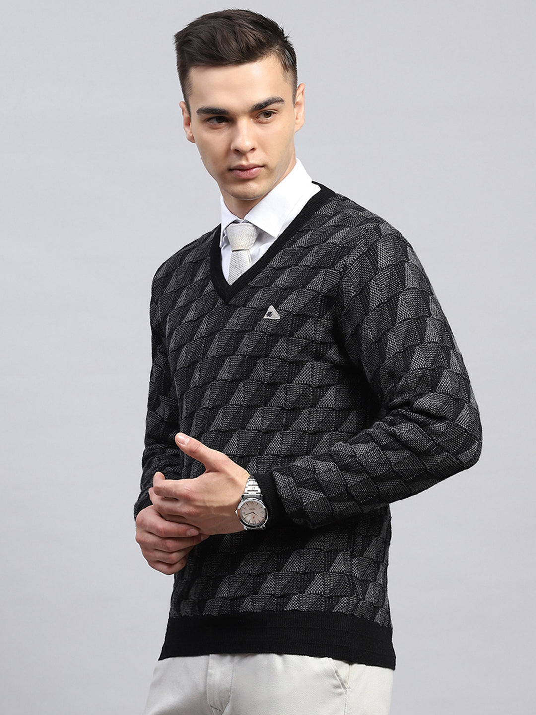 Men Black Self Design V Neck Full Sleeve Pullover