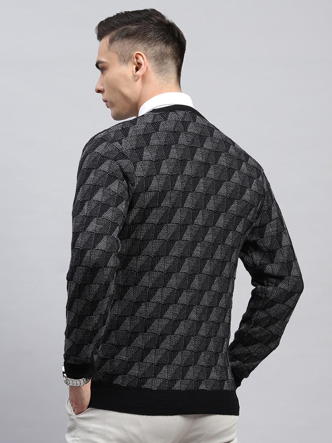 Men Black Self Design V Neck Full Sleeve Pullover