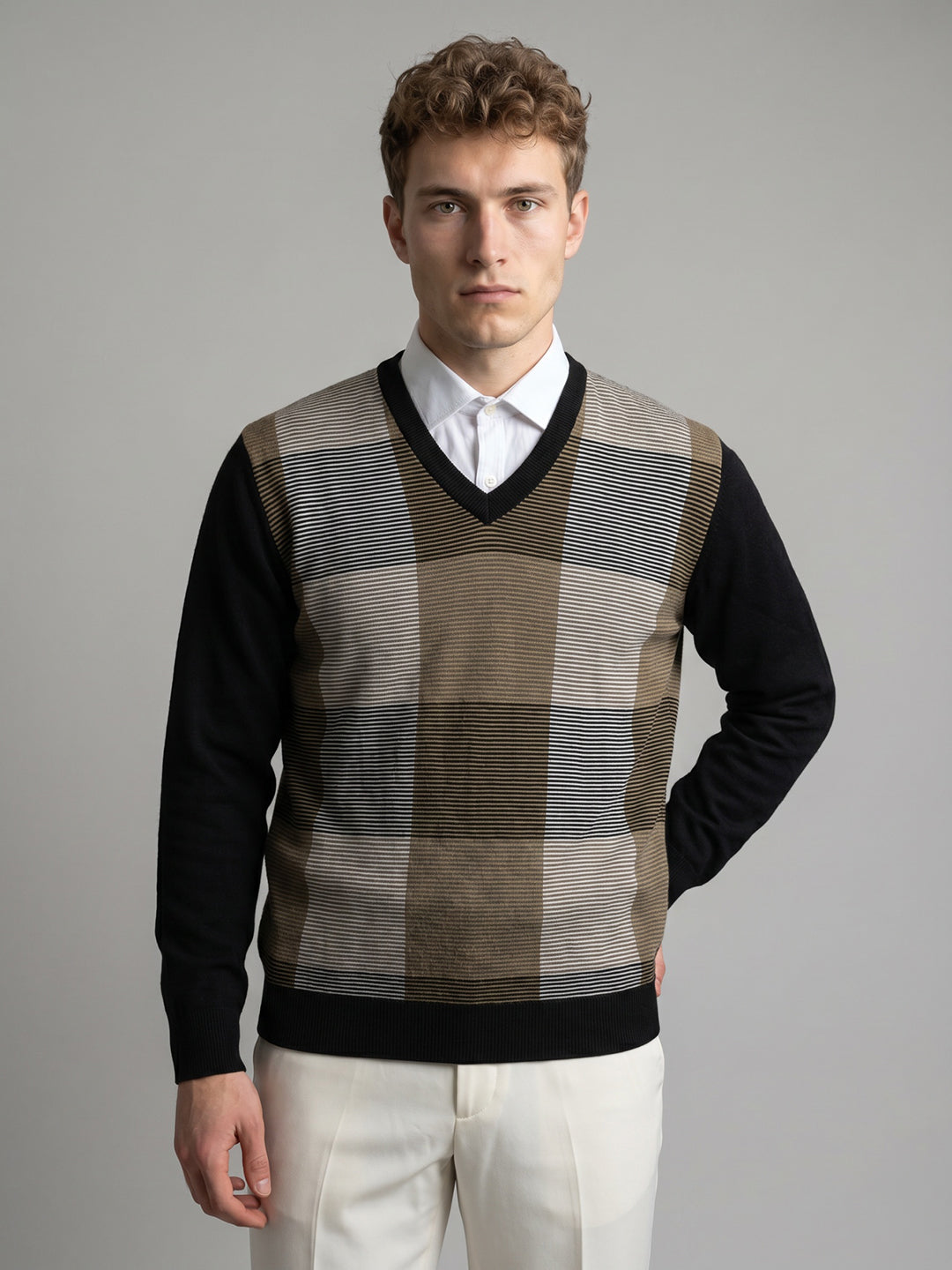 Men Black Self Design V Neck Full Sleeve Pullover