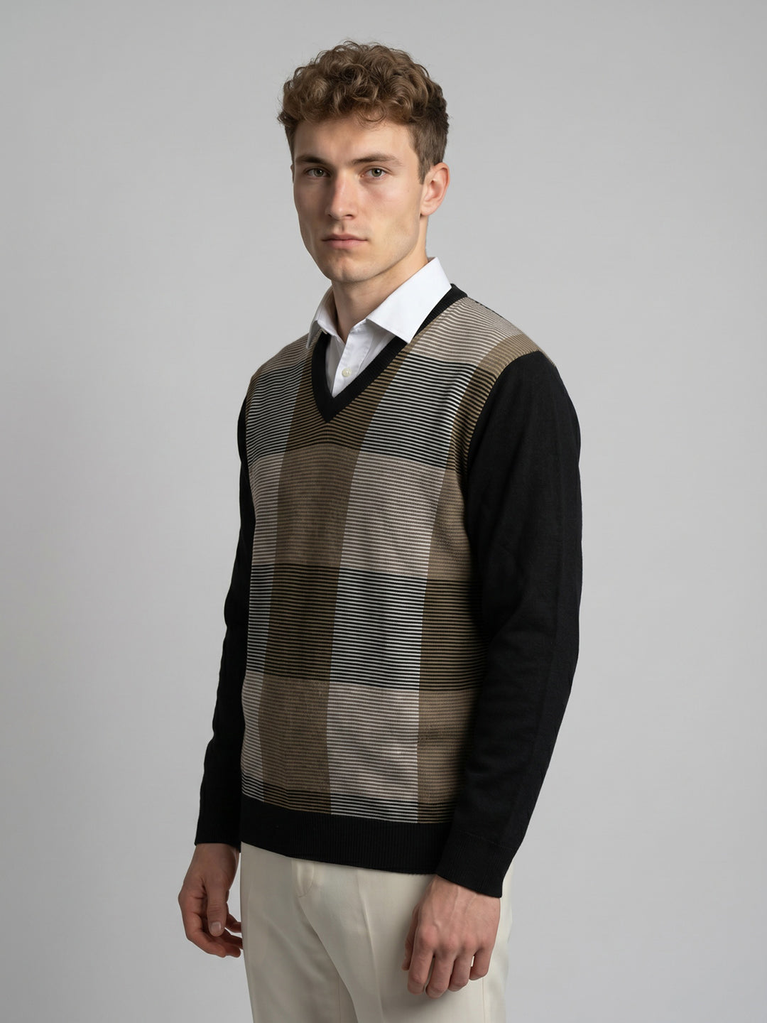 Men Black Self Design V Neck Full Sleeve Pullover