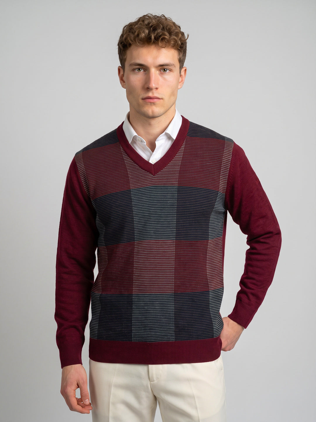 Men Maroon Self Design V Neck Full Sleeve Pullover
