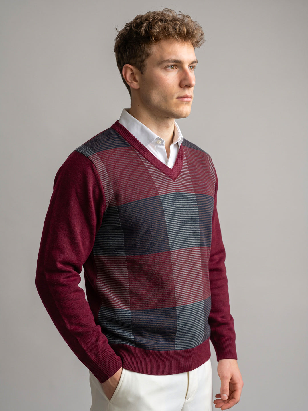 Men Maroon Self Design V Neck Full Sleeve Pullover
