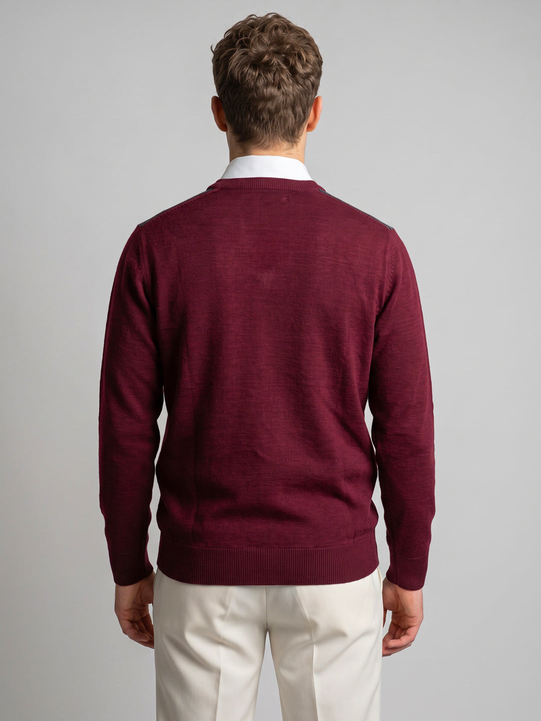 Men Maroon Self Design V Neck Full Sleeve Pullover