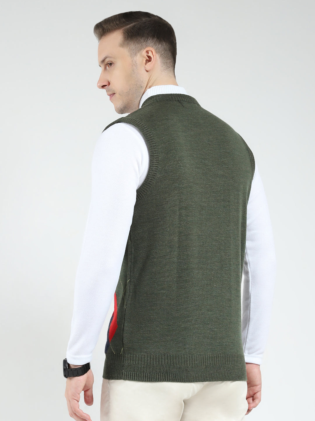 Men Green Printed V Neck Sleeveless Sweater