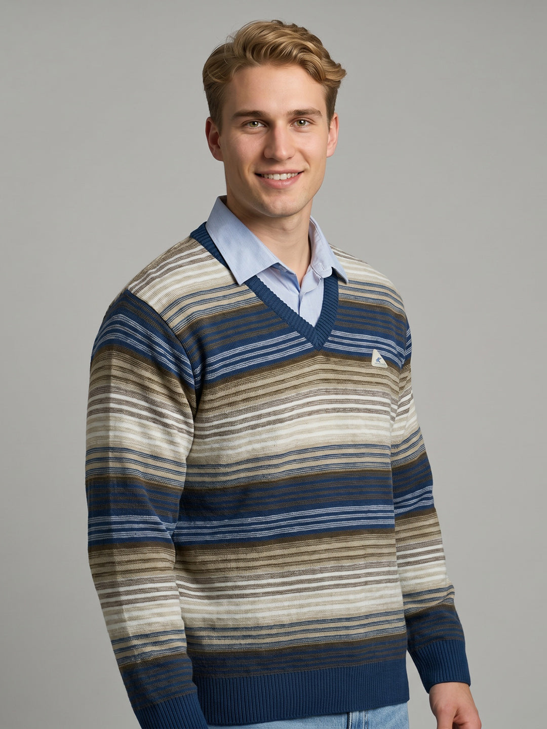 Men Blue Stripe V Neck Full Sleeve Pullover