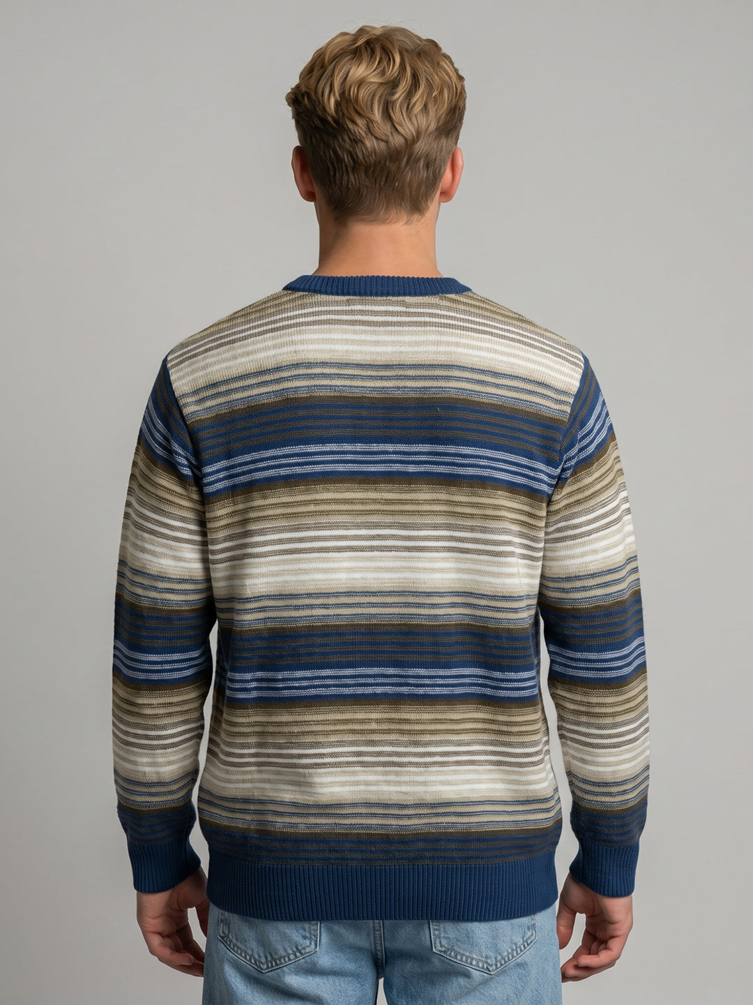 Men Blue Stripe V Neck Full Sleeve Pullover