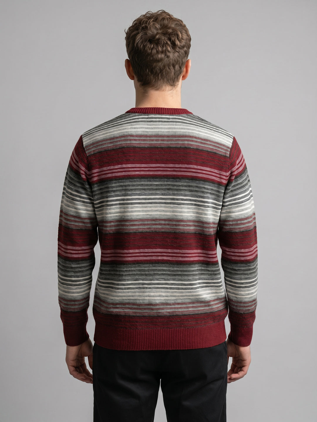Men Purple Stripe V Neck Full Sleeve Pullover