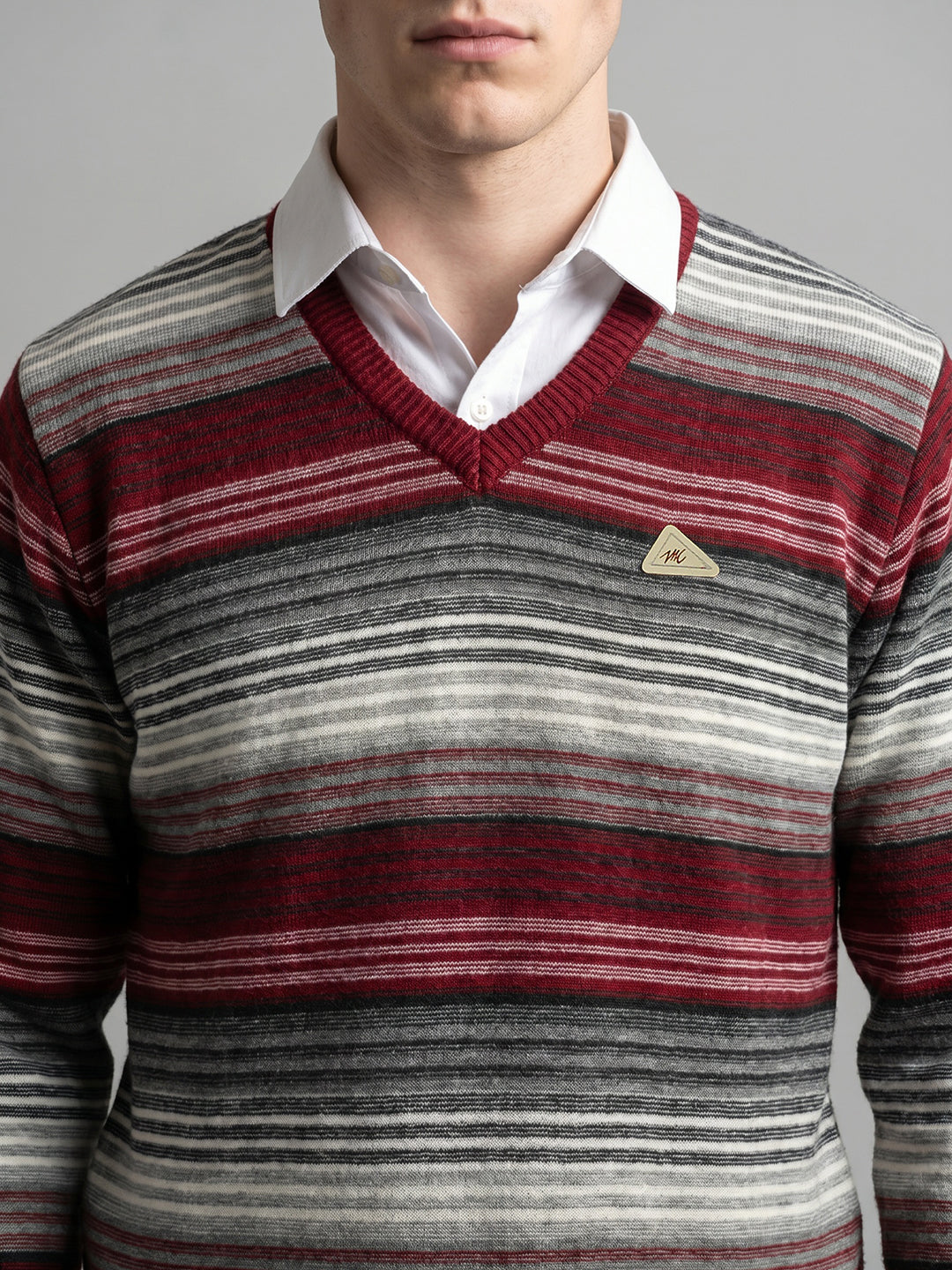 Men Purple Stripe V Neck Full Sleeve Pullover