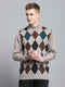 Men Beige Printed Mock Neck Full Sleeve Pullover