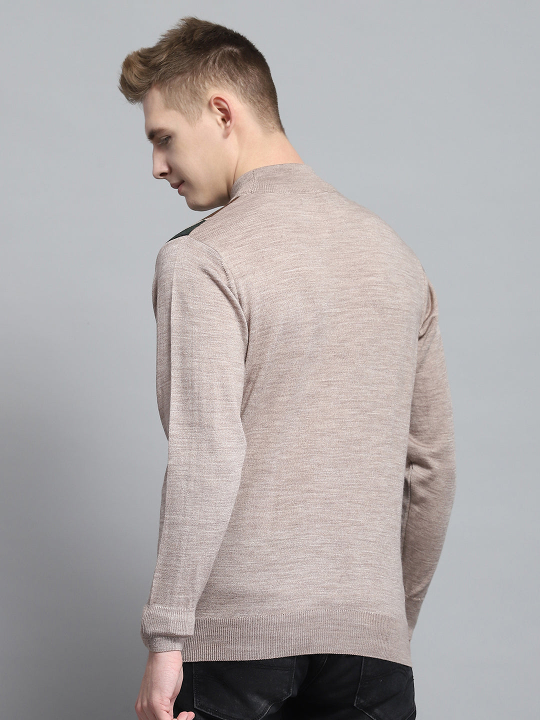 Men Beige Printed Mock Neck Full Sleeve Pullover